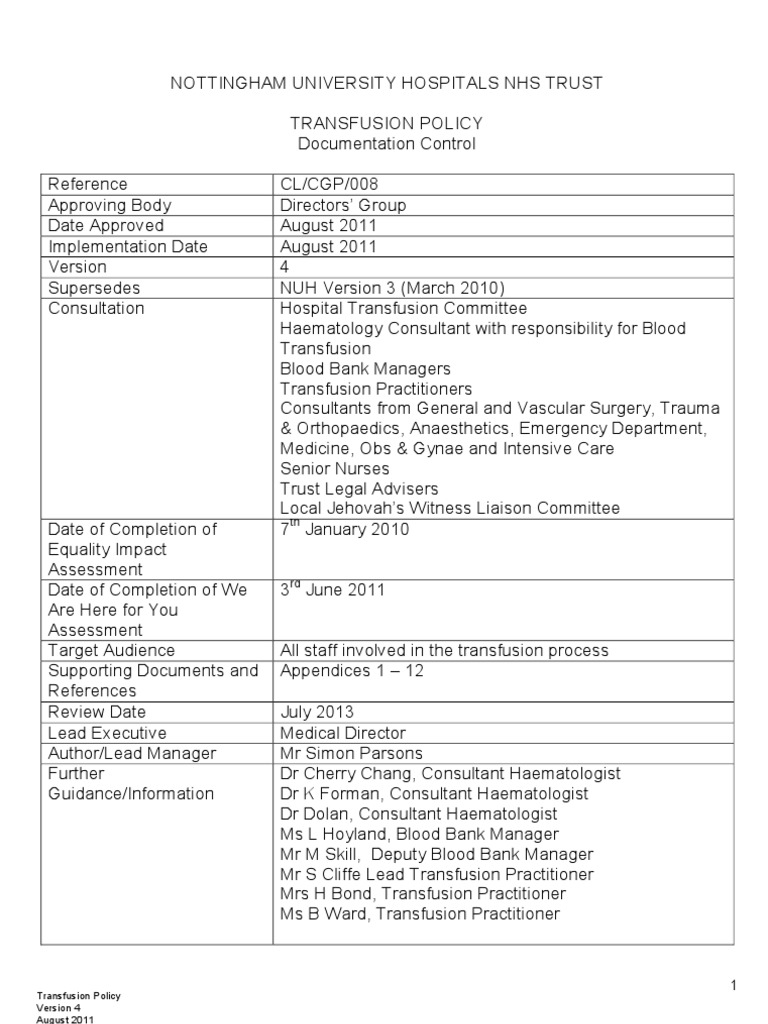 CLCGP008 Transfusion Policy Blood Transfusion Bleeding