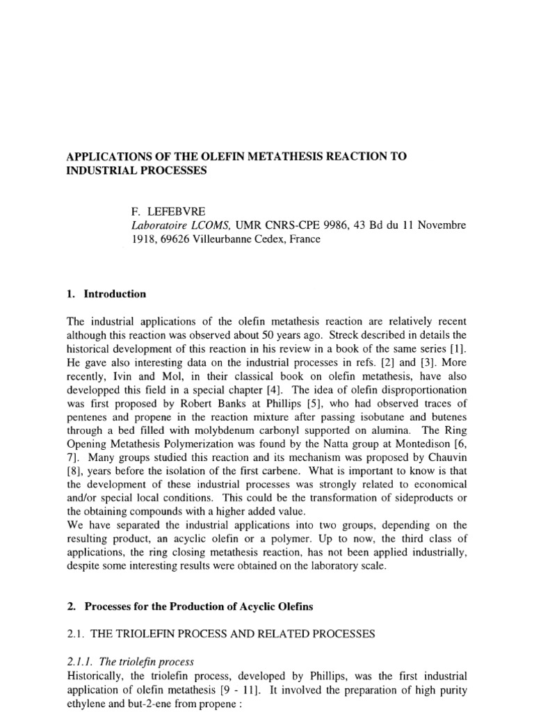 Applications of The Olefin Metathesis Reaction To Industrial Processes ...