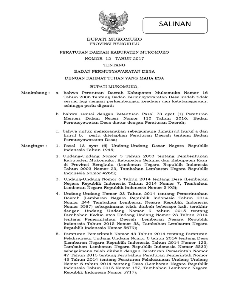 Peraturan Daerah BPD Mukomuko 2017 | PDF