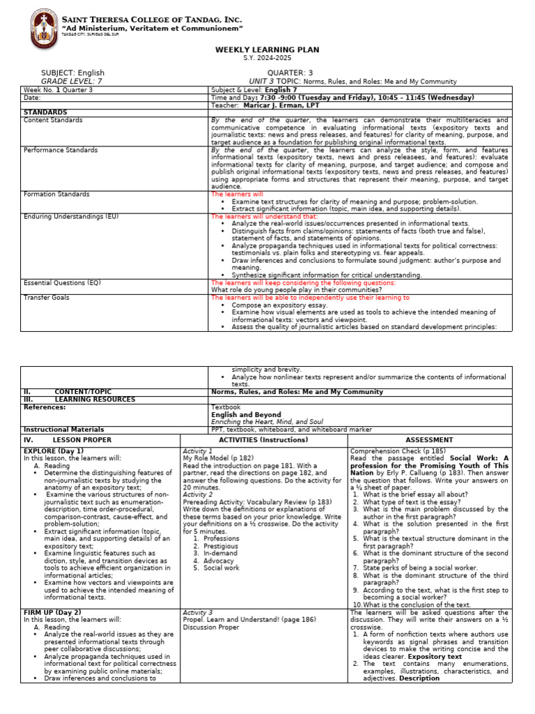 Weekly Learning Plan: English 7 | PDF | Reading Comprehension | Teachers