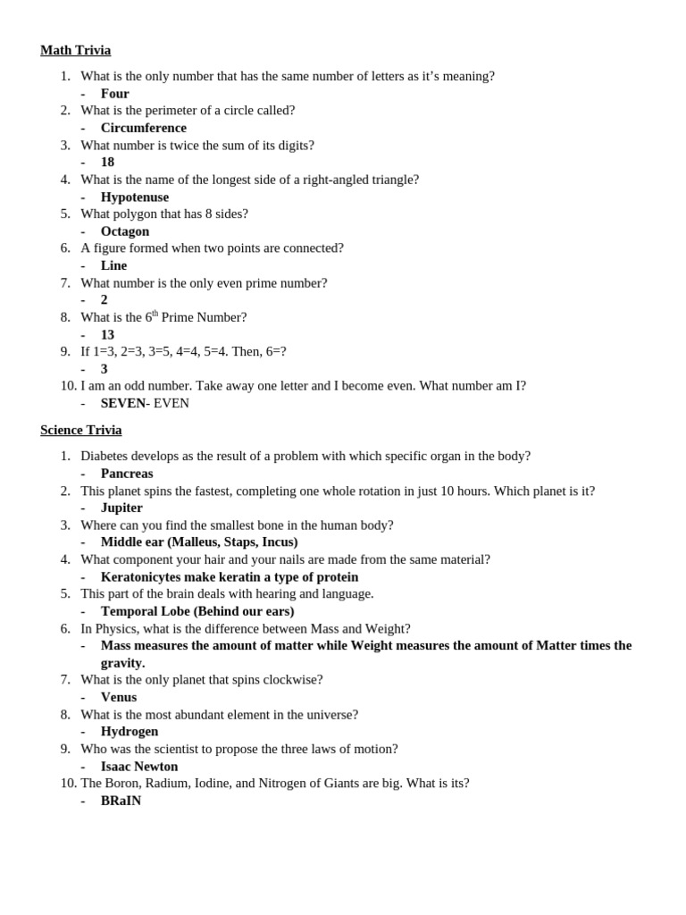 Science and Math Trivia Questions | PDF
