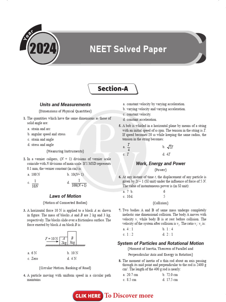 NEET 2024 Paper - Physics | PDF | Acceleration | Series And Parallel ...