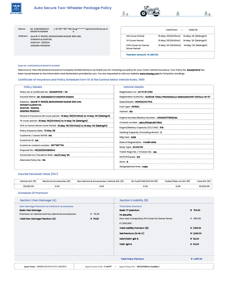 Certificate of Insurance and Policy Schedule Form 51 of The Central ...