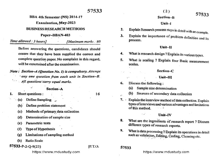 Bba 4 Sem Business Research Methods 57533 May 2023 | PDF