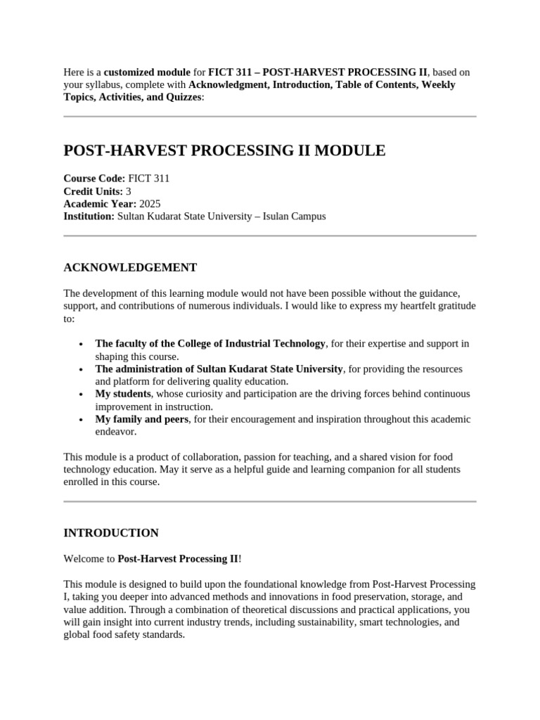 FICT 311 Post-Harvest Processing II Module | PDF | Hazard Analysis And ...