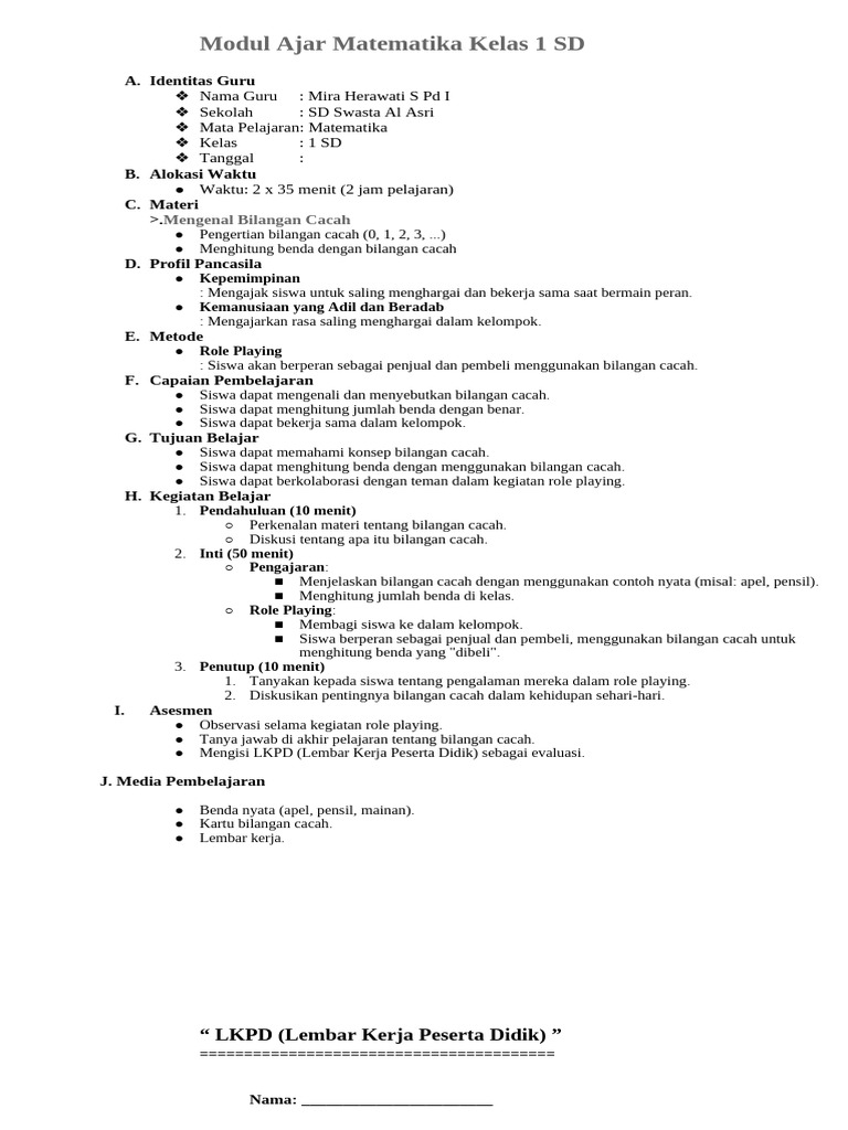 Modul Ajar Matematika Kelas 1 SD Sms 1 & 2 TP 2024 - 2025 | PDF