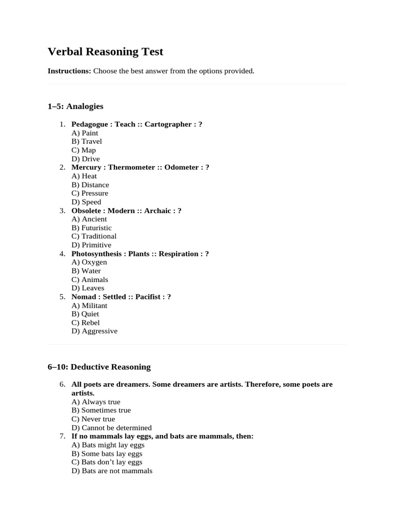 Verbal Reasoning Test Questions and Answers | PDF | Artificial ...