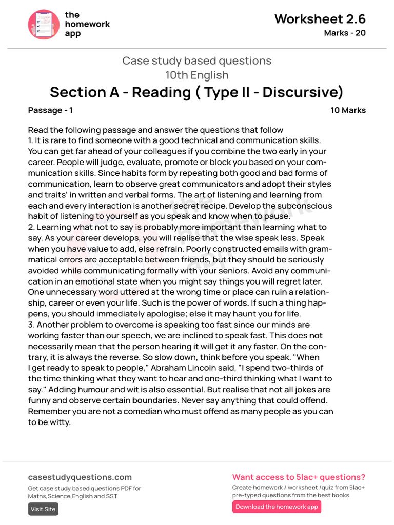 (Worksheet 2.6) - (Section A Reading Type II Discursive) | PDF