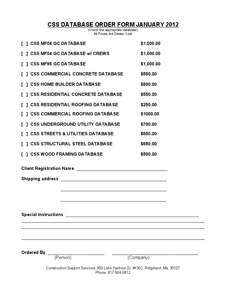 CSS Database Order Form 2012 | PDF | Finance & Money Management | Computers