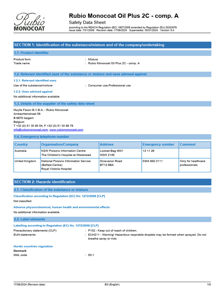 Rubio Monocoat Oil Plus 2C Safety Data | PDF | Firefighting | Toxicity