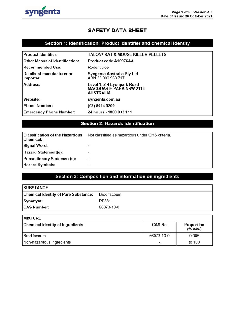 Talon Rat & Mouse Killer SDS | PDF | Toxicity | Intravenous Therapy