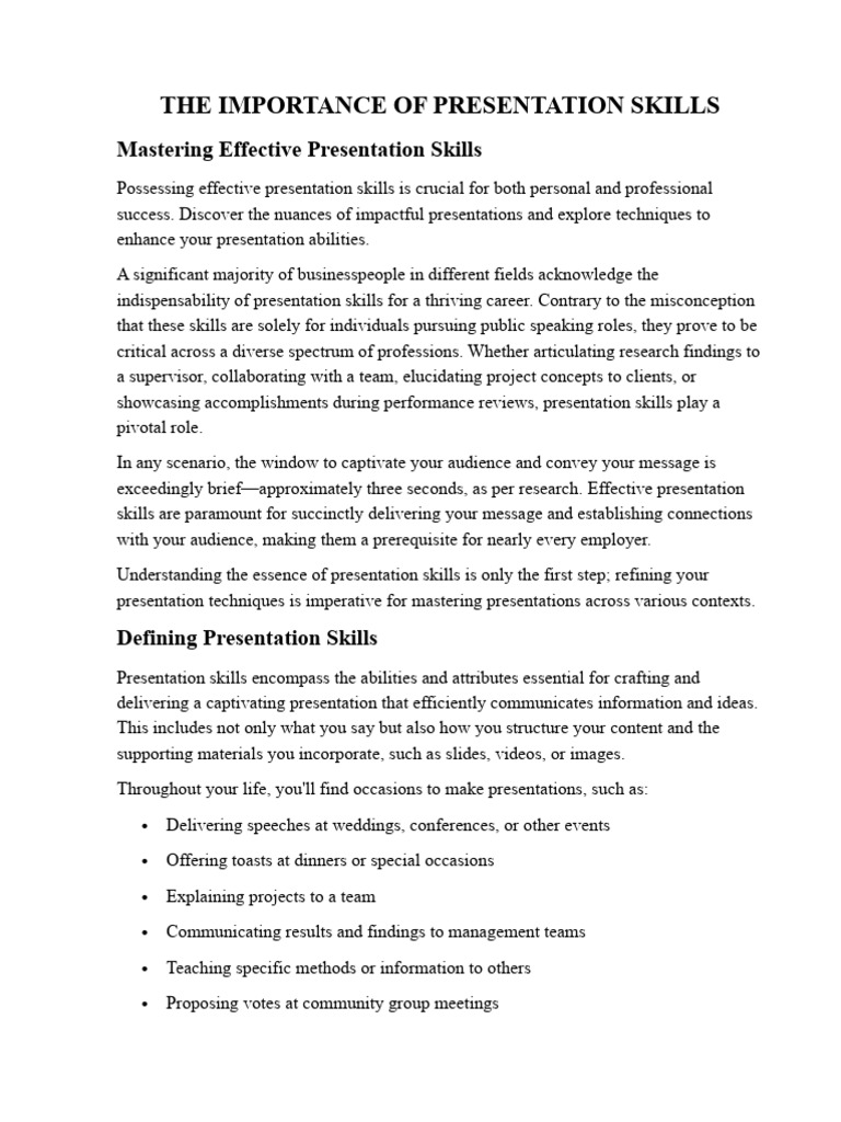 Note 1 - THE IMPORTANCE OF PRESENTATION SKILLS | PDF | Public Speaking ...
