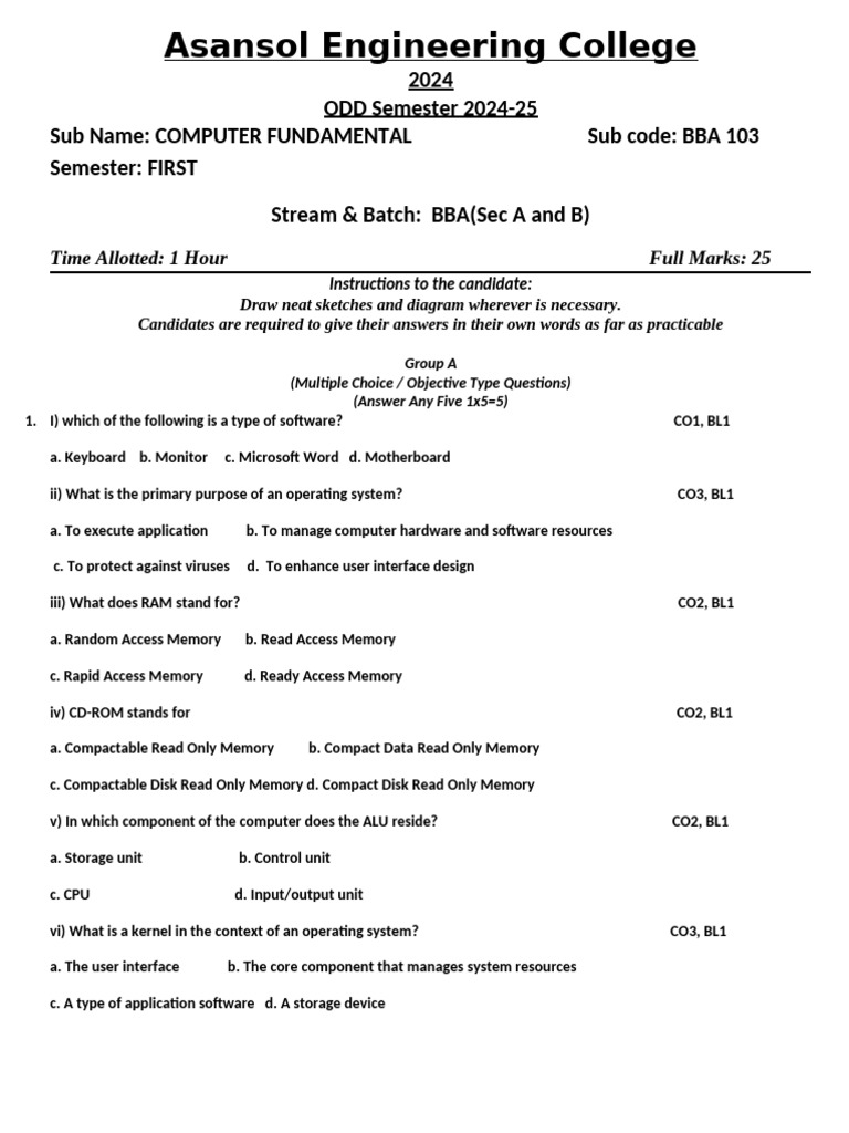 Computer Fundamentals Exam BBA 2024 | PDF | Computer Data Storage ...