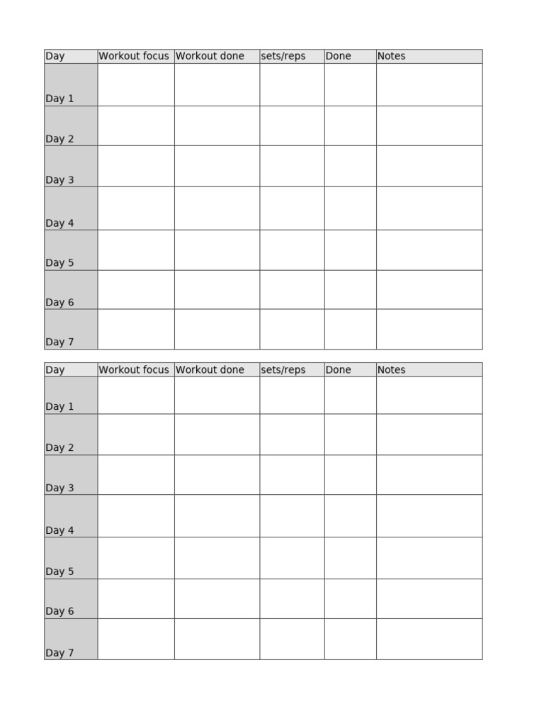 Weekly Workout Log Template | PDF