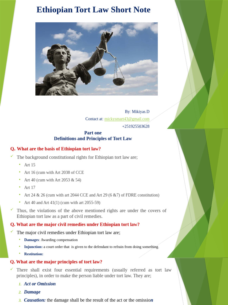 Ethiopian Tort Law Short Note | PDF | Tort | Defamation