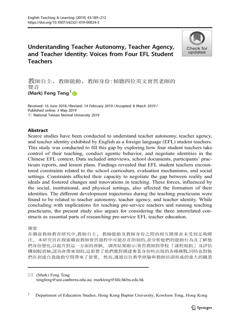 EFL Teacher Autonomy and Identity Insights | PDF | Teachers | Identity ...