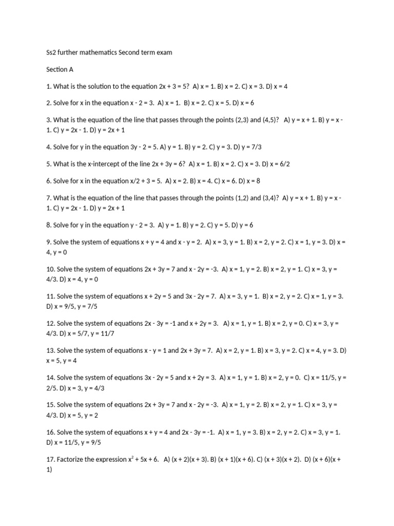 SS2 Further Mathematics Exam Solutions | PDF | Mathematical Concepts ...