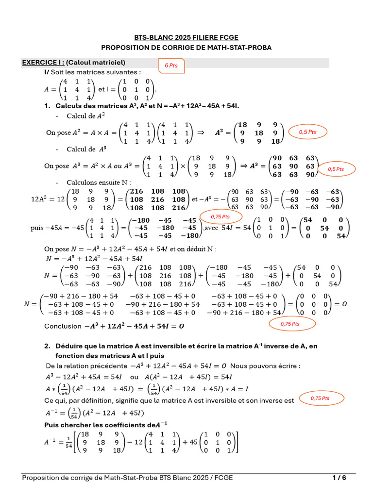Corrigé Math-Stat-Proba BTS Blanc 2025 | PDF | Algèbre linéaire ...