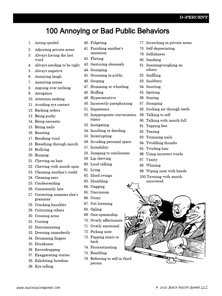 100 Annoying Public Behaviors List | PDF | Psychological Concepts ...