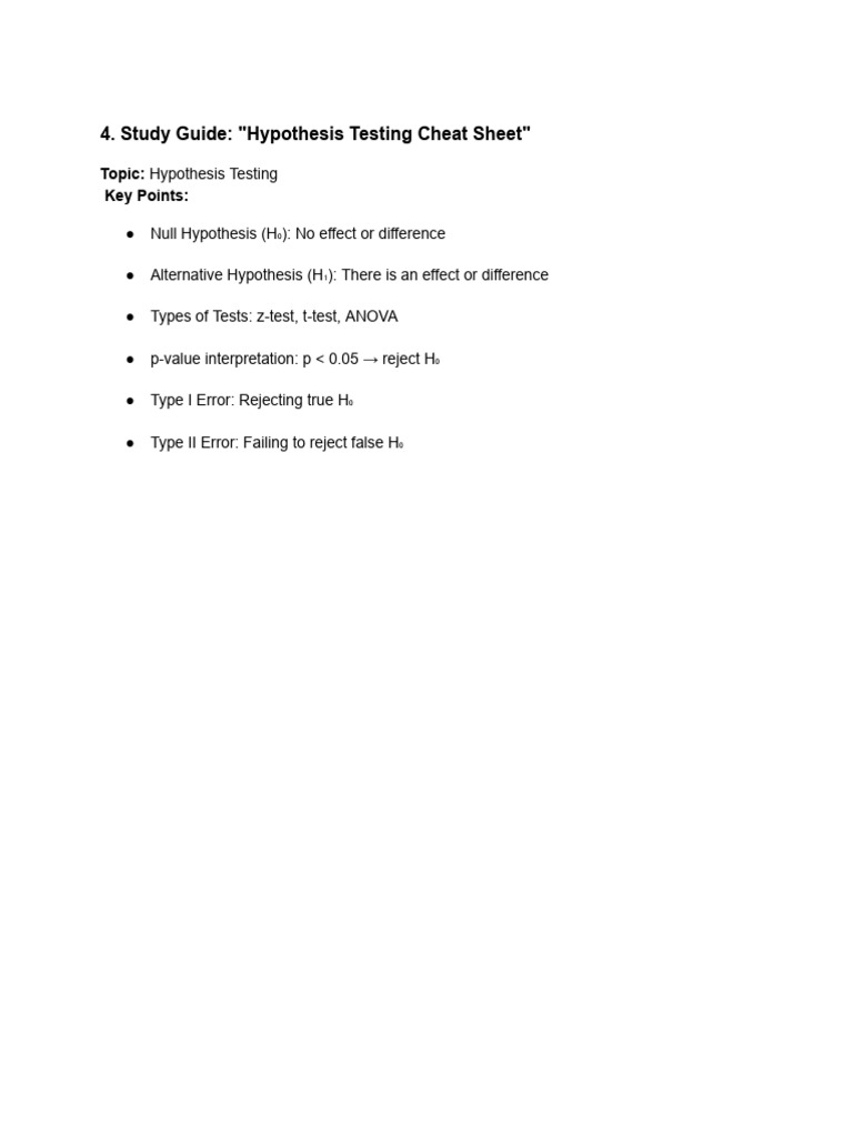 Study Guide - Hypothesis Testing Cheat Sheet | PDF