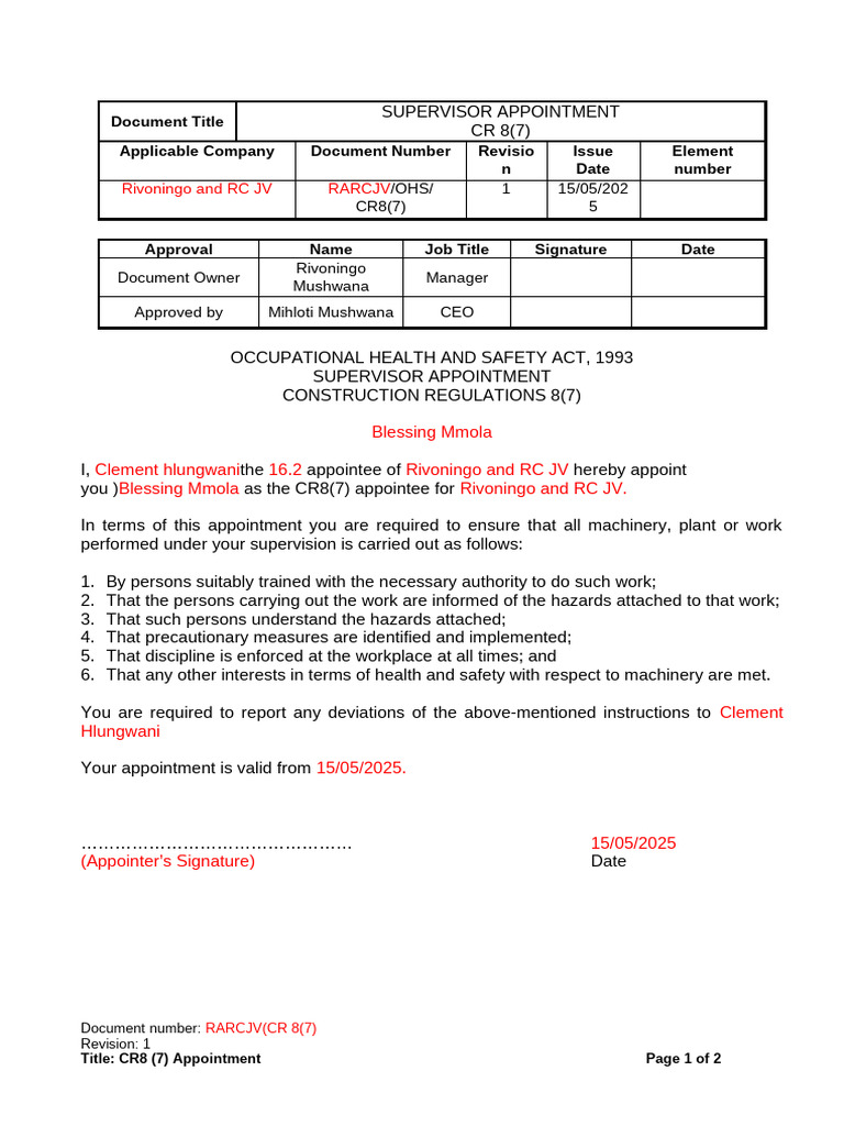 Supervisor Appointment CR 8(7) Document | PDF | Occupational Safety And ...