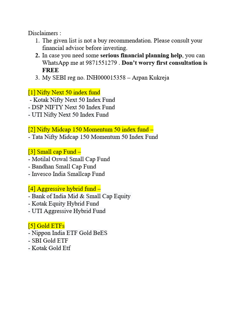 List of Funds For 10000 PM | PDF