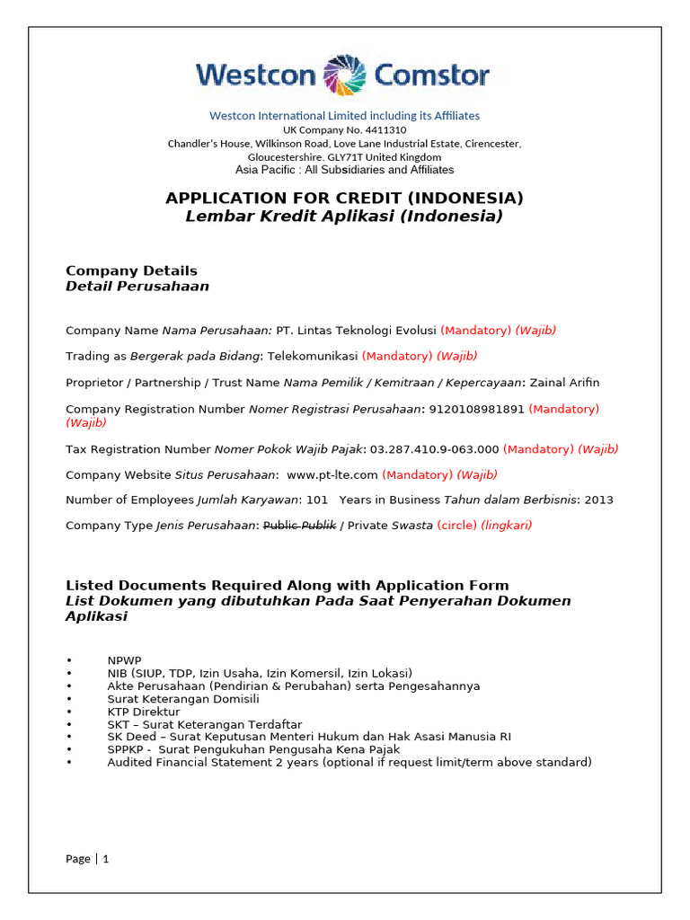 APAC Credit Application Form v7 - 06082024 (Indonesia) | PDF | Business ...