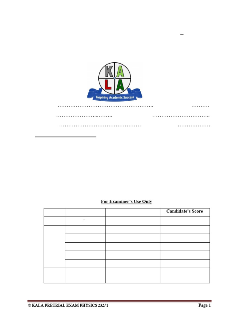 KALA 2025 Physics Pretrial Exam Paper 1 | PDF | Evaporation | Force