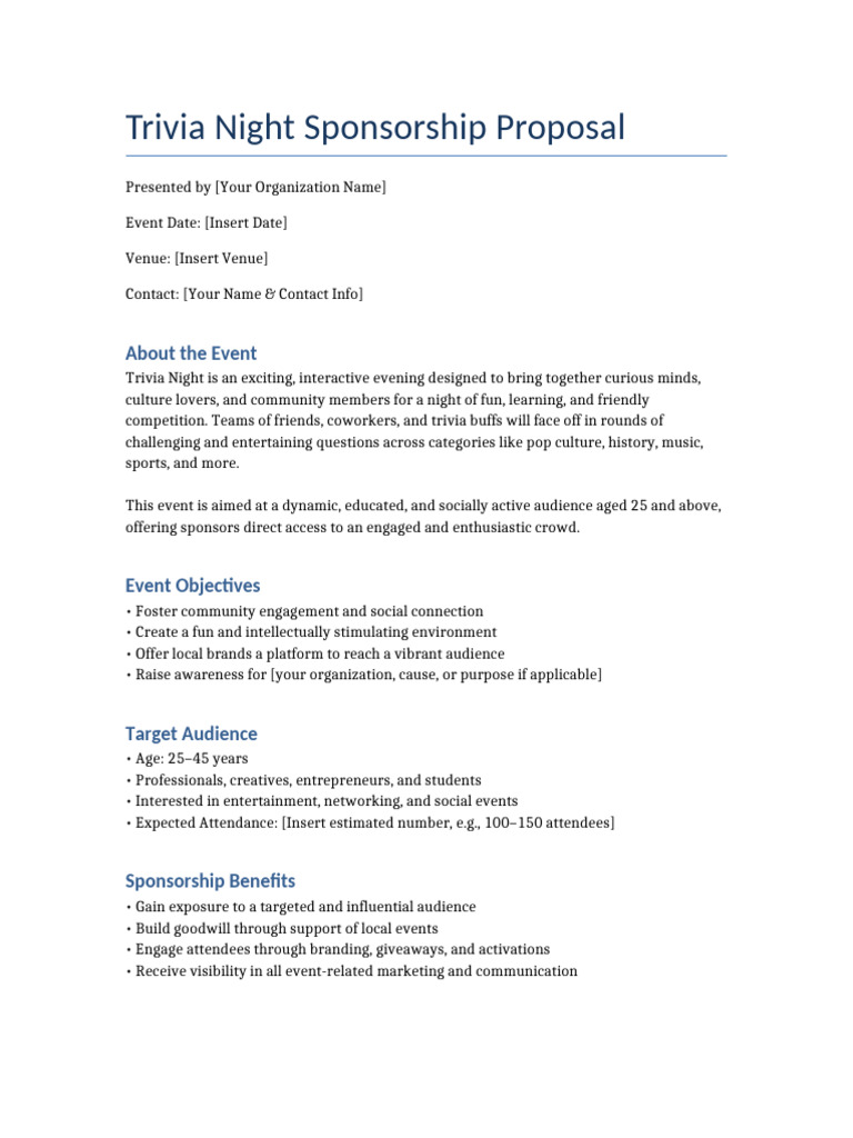 Trivia Night Sponsorship Proposal | PDF | Brand | Sponsor (Commercial)