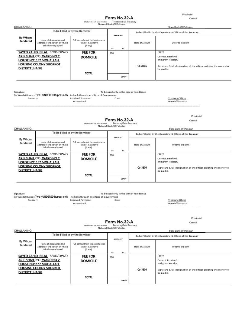 Domicile Fee Payment Challan Form 32-A | PDF | Currency | Foreign ...