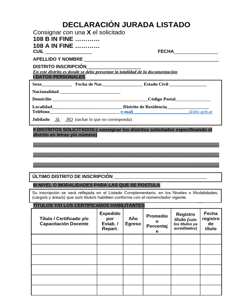 Declaración Jurada de Inscripción Docente | PDF