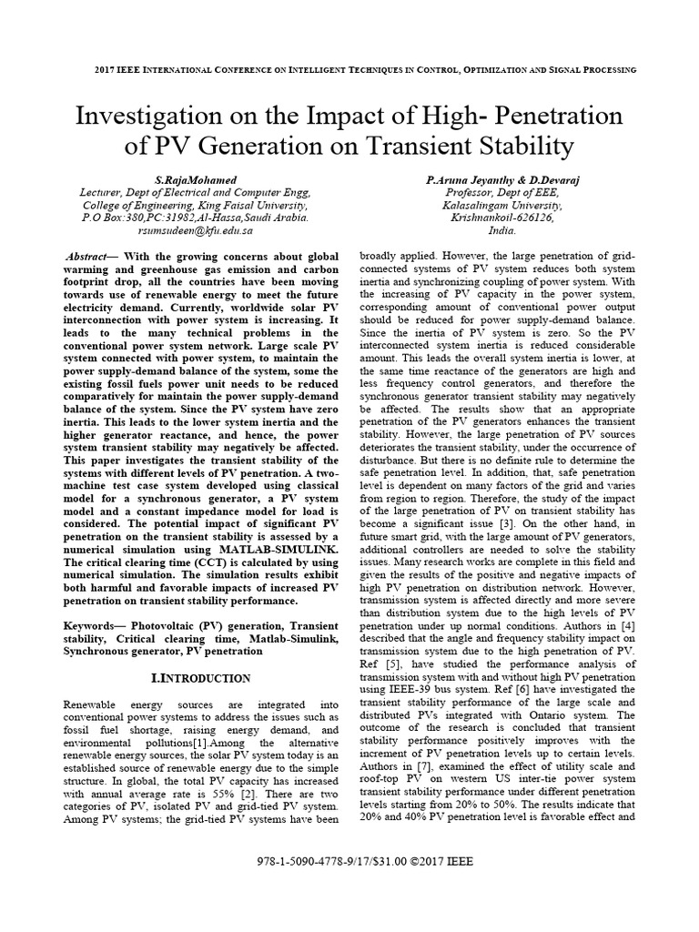 PV Generation Impact on Transient Stability | PDF | Photovoltaics ...