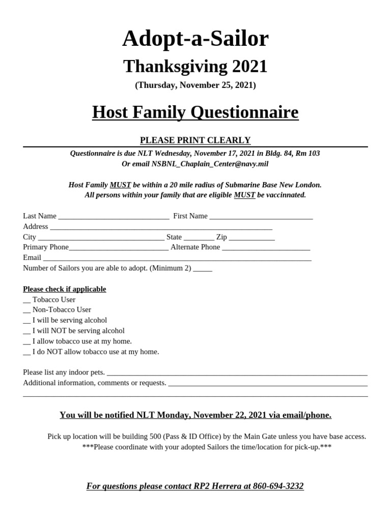 Host Family Questionnaire for Adopt-a-Sailor | PDF