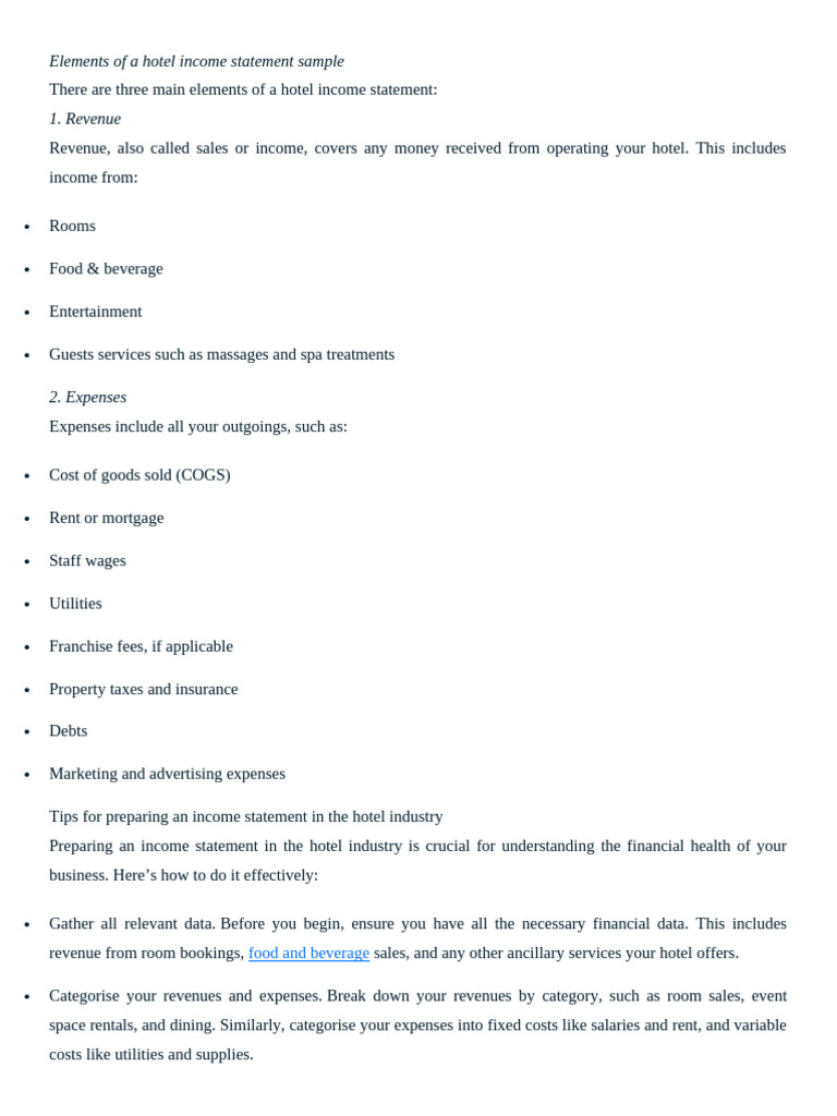Hotel Income Statement Essentials | PDF | Expense | Debits And Credits