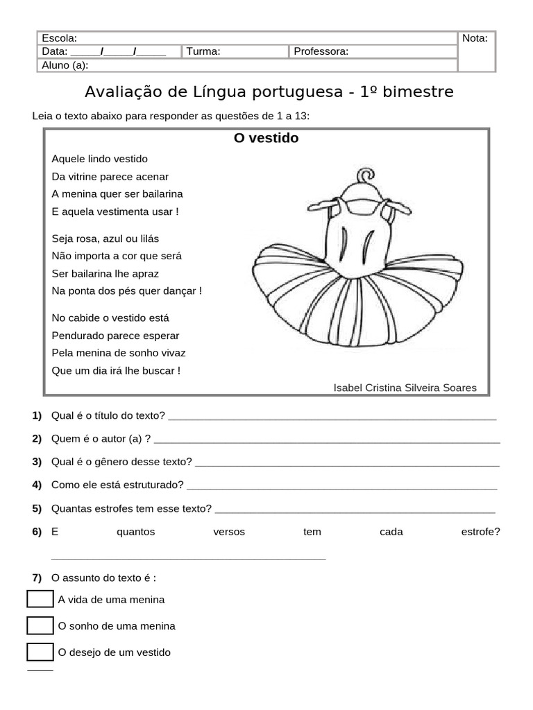 Avaliação de Língua Portuguesa 1º Bimestre | PDF