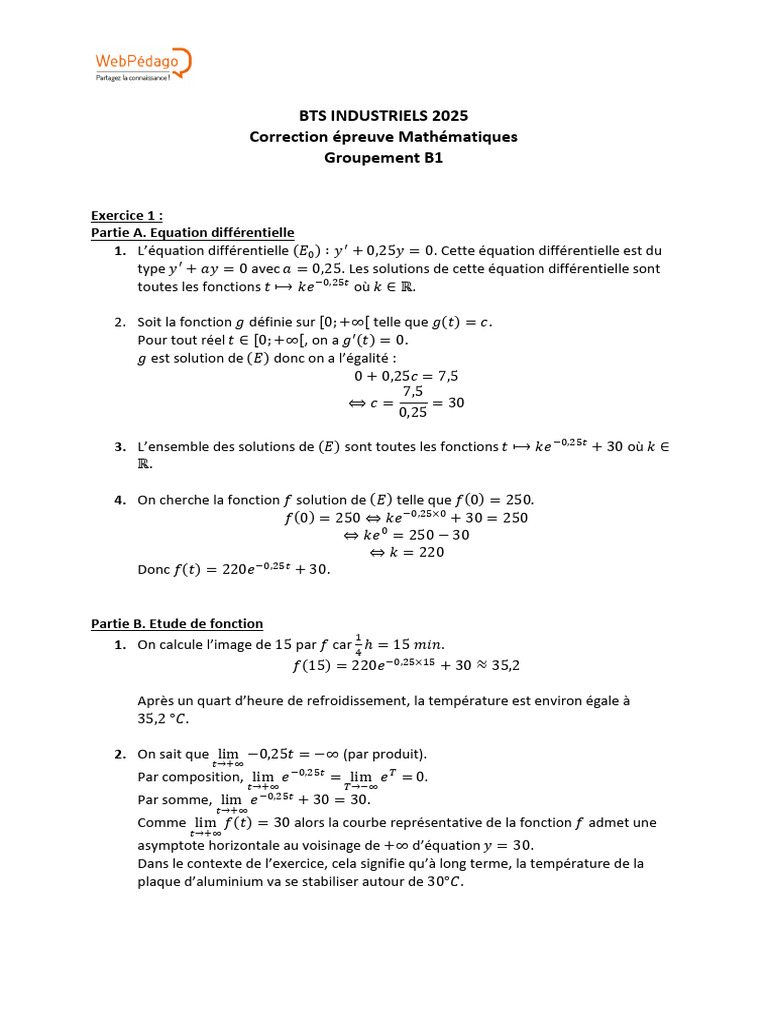 Correction Maths BTS 2025 | PDF | Mathématiques | Analyse mathématique