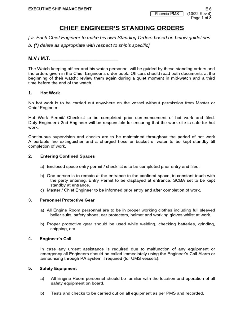 E6 Chief Engineer's Standing Order Oct 22 R4 | PDF