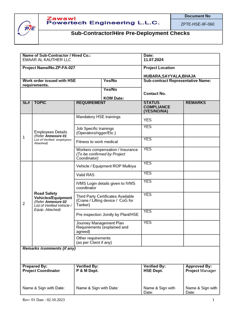 IIF - 060 Sub-Contracotr Pre Deployment Checks | PDF