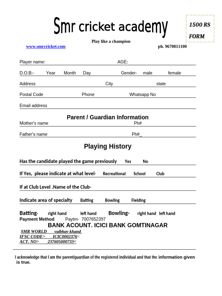 SMR Cricket Academy Registration Form | PDF | Parenting | Adulthood