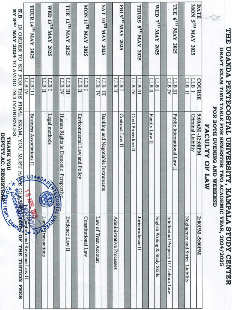 Exam Timetable For Semester Two 2024-2025 15th April 2025 - 0001 | PDF
