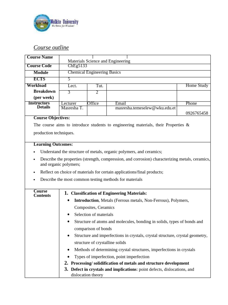 Course Outline - FM in Chemical Engineering | PDF | Crystal | Metals