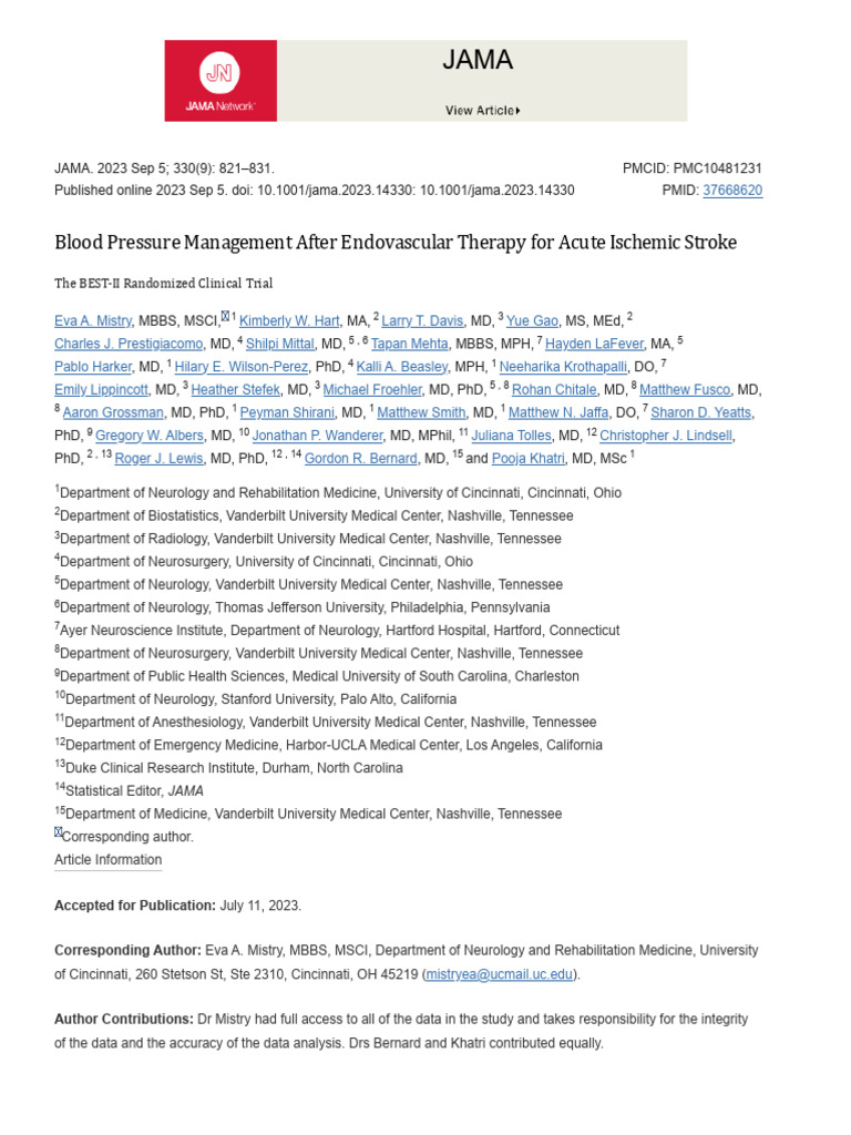 Blood Pressure Management After Endovascular Therapy For Acute Ischemic ...