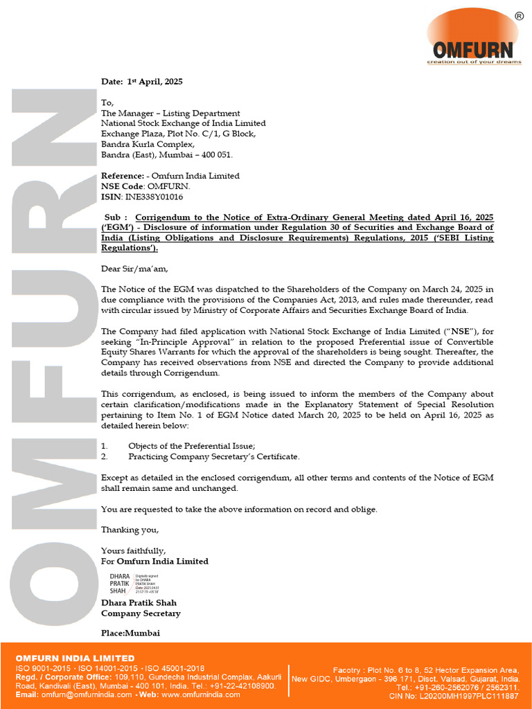 Corrigendum for Omfurn EGM Notice 2025 | PDF | Business Law | Knowledge ...