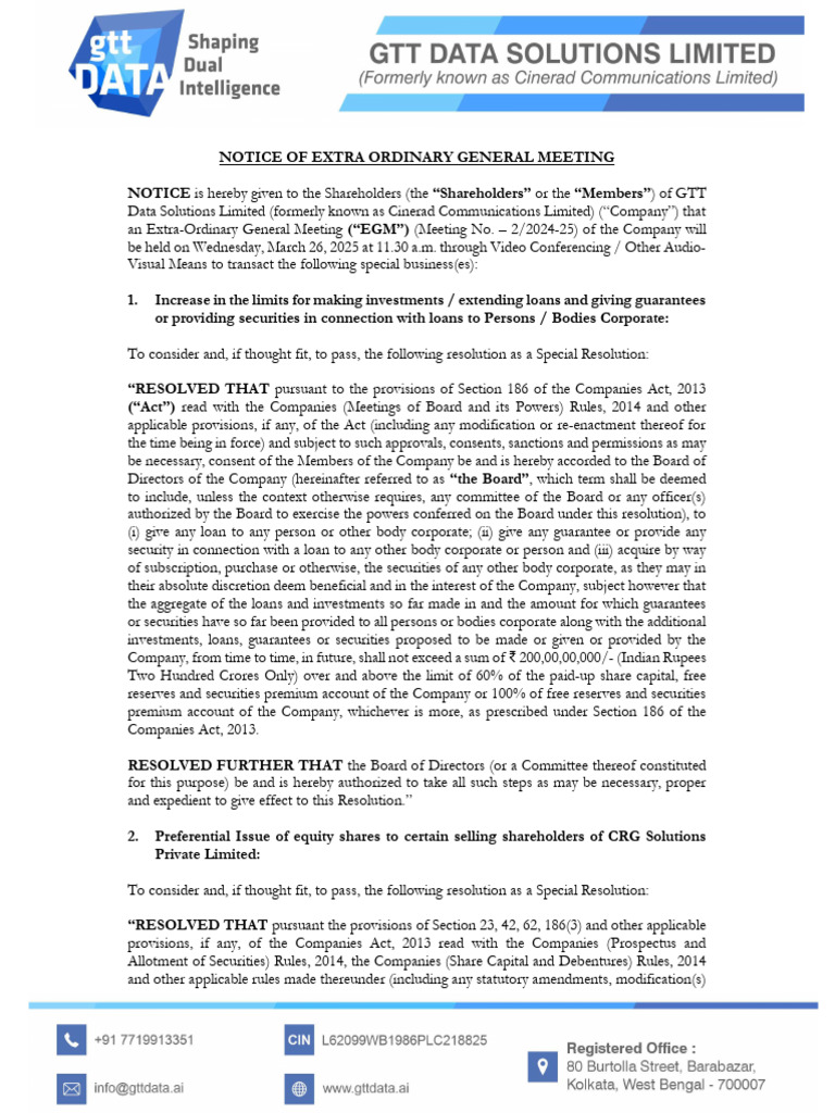 GTT Data Solution Limited - Notice of Extra Ordinary General Meeting ...