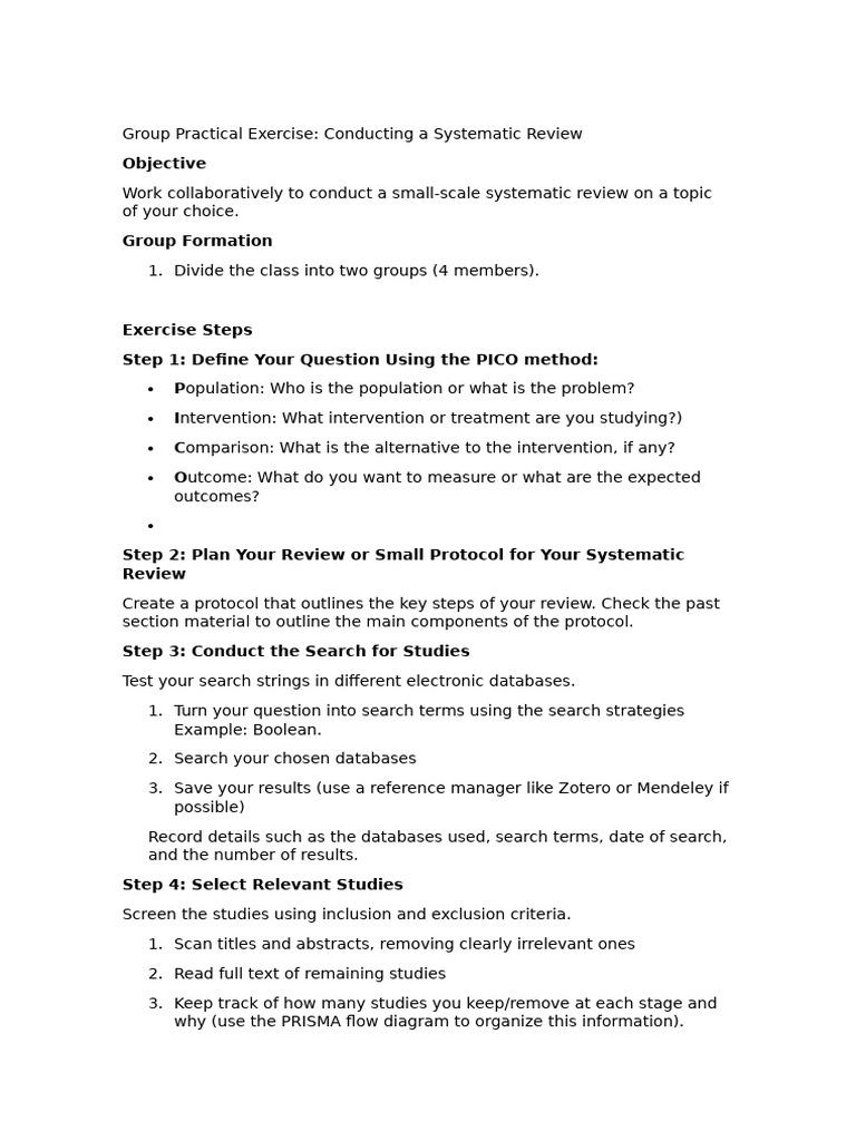 Systematic Review Group Exercise Guide | PDF | Systematic Review ...
