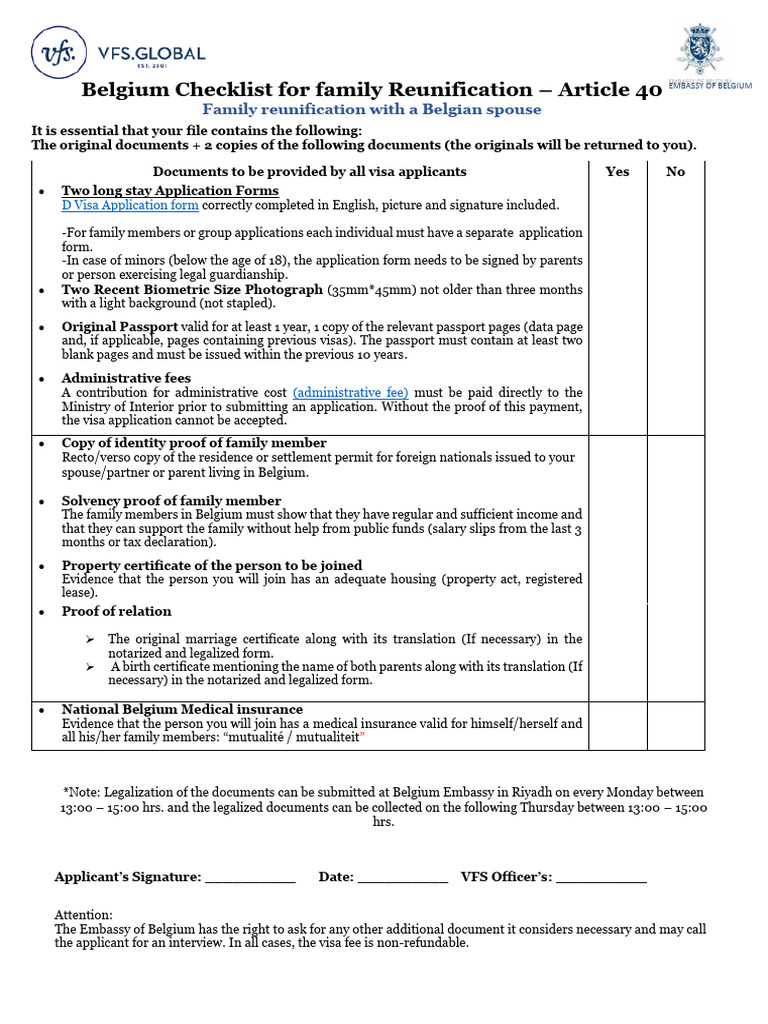 Belgium Family Reunion Visa Checklist | PDF | Travel Visa | Passport