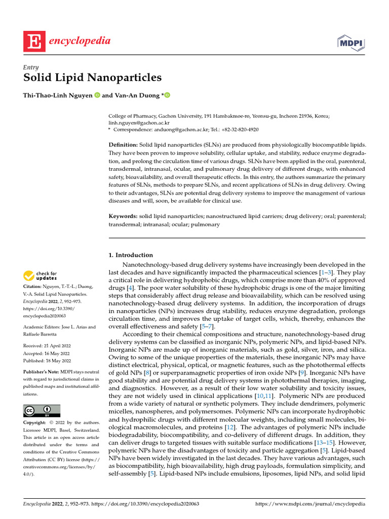 Solid Lipid Nanoparticles Overview | PDF | Pharmaceutical Sciences ...