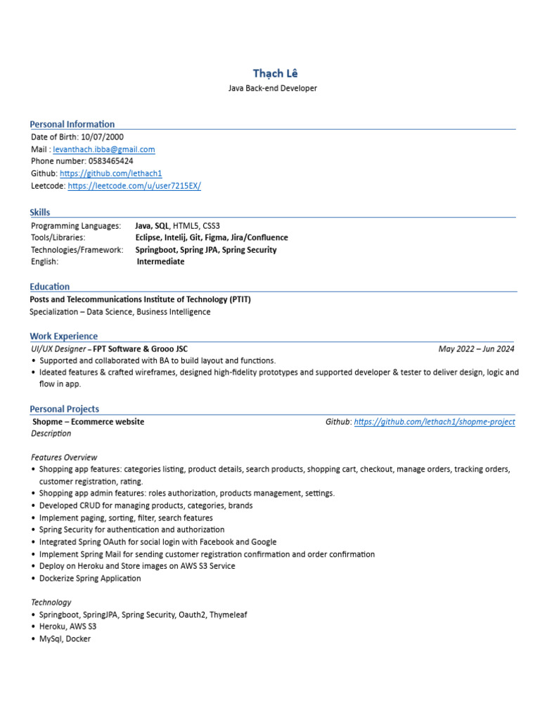 Thạch Lê - Java Backend resume (2) | PDF | Information Technology ...