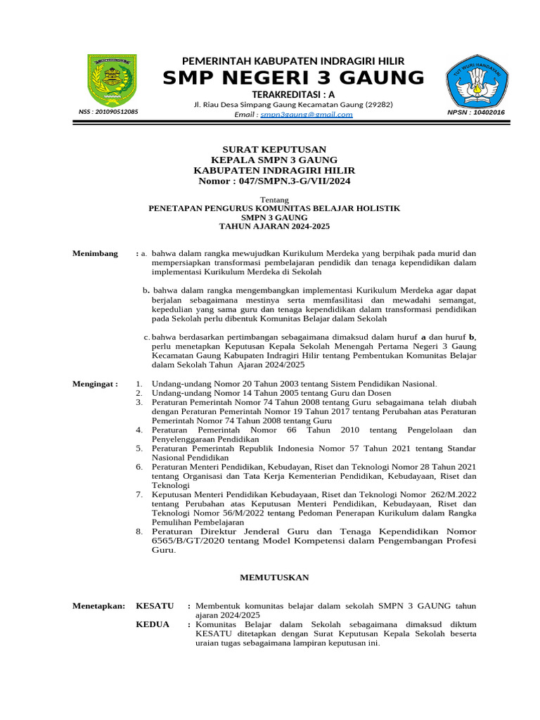 Pembentukan Komunitas Belajar SMPN 3 Gaung | PDF