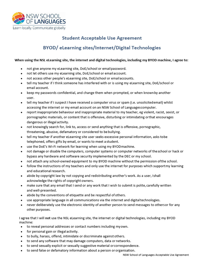NSW School of Languages Usage Agreement | PDF | Internet | Educational ...